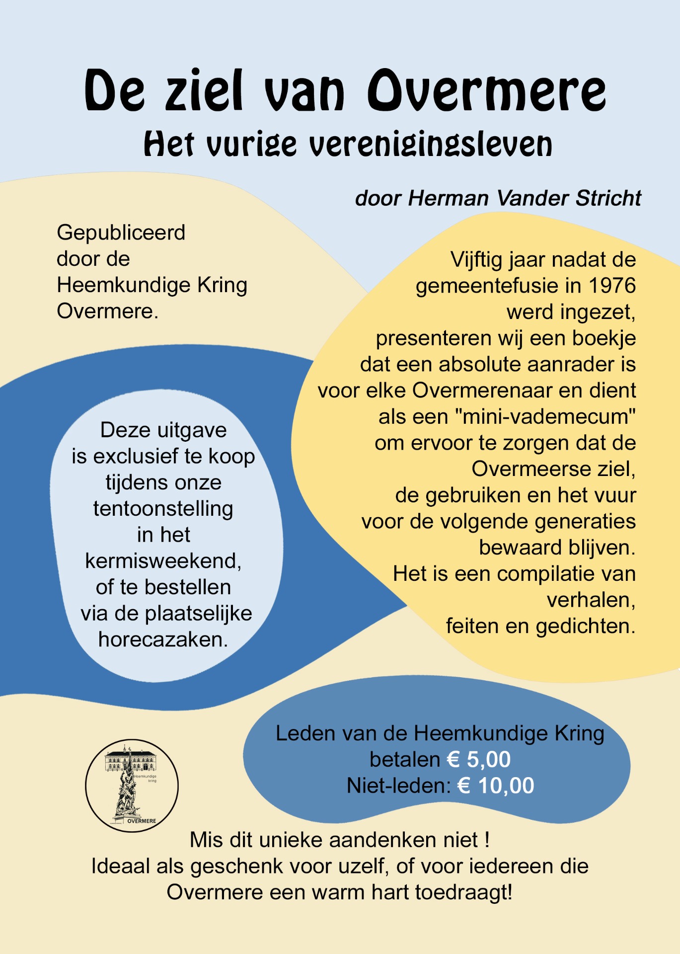 Infografiek met titel “De ziel van Overmere” en tekst over boekje, prijzen en bestelinfo.
