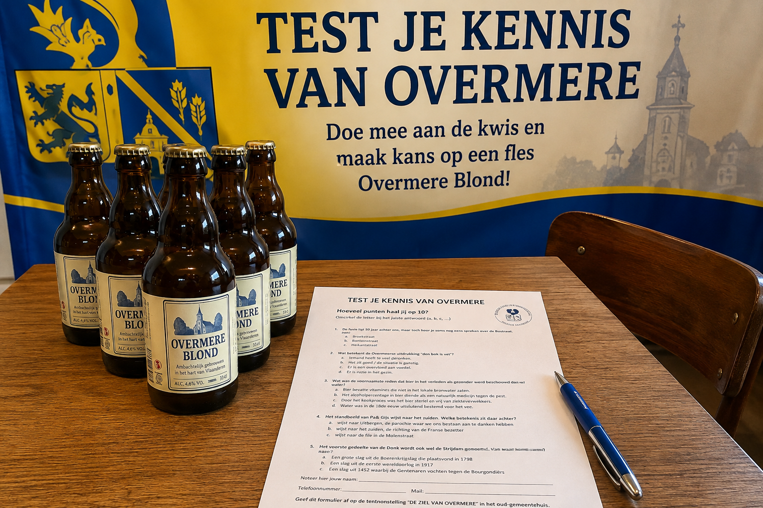 Bierflessen en quizformulier op tafel, met banner “Test je kennis van Overmere” en pen.